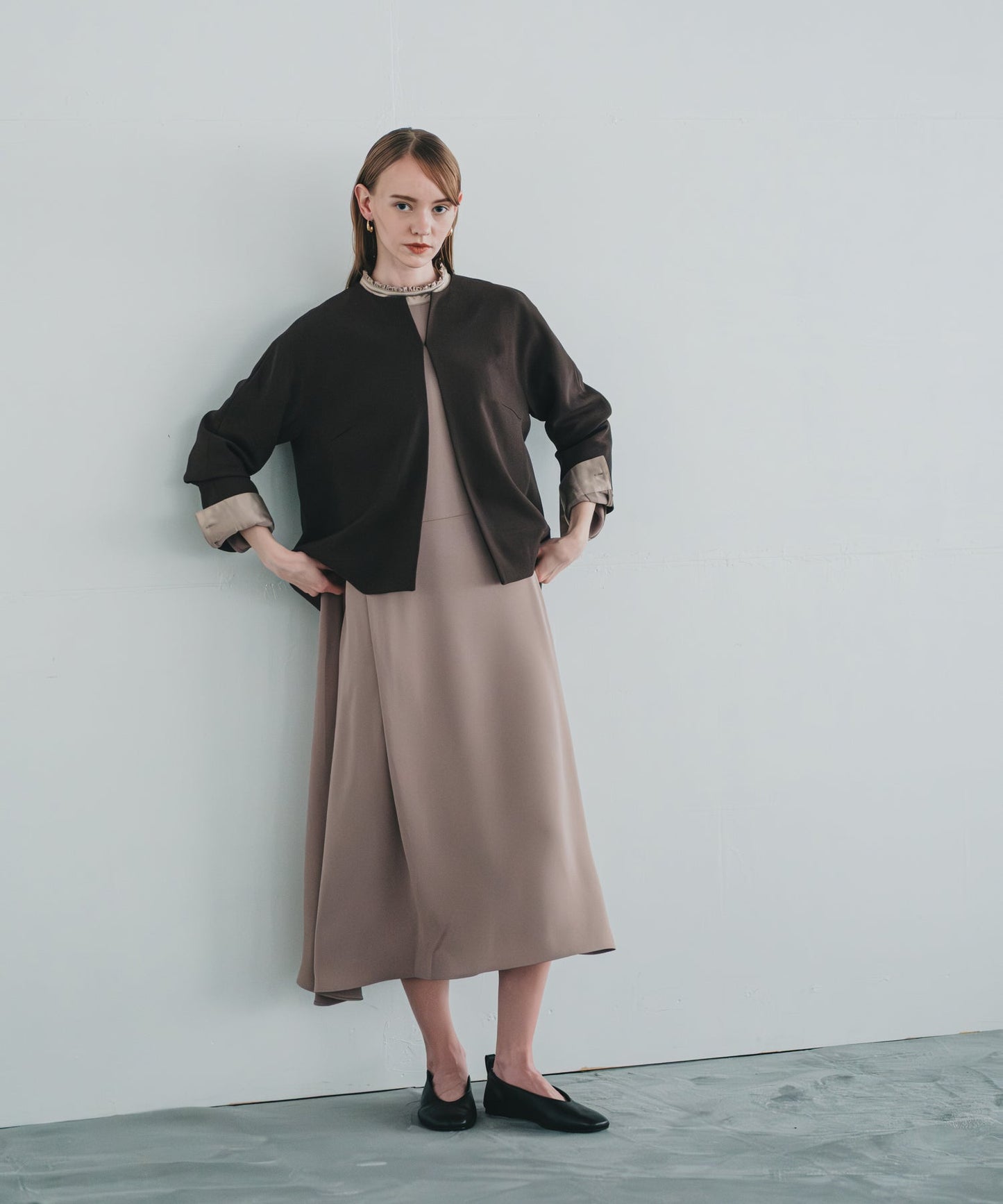 stand frill collar a line dress / WHT25FOP4073