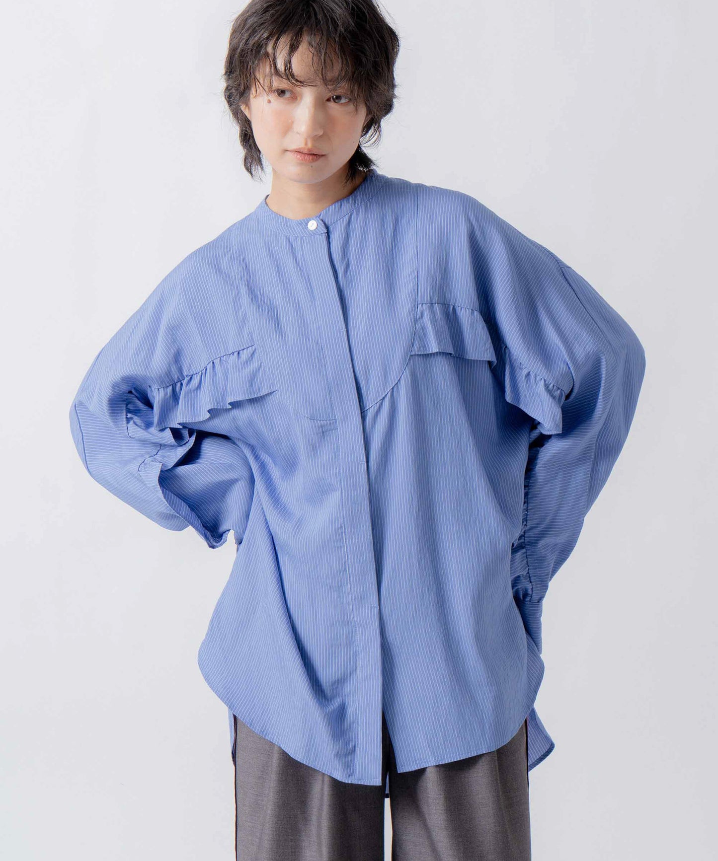 curve frill stripe blouse / WHT26FBL4109