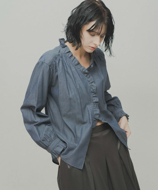 denim frill blouse / WHT26FBL4110