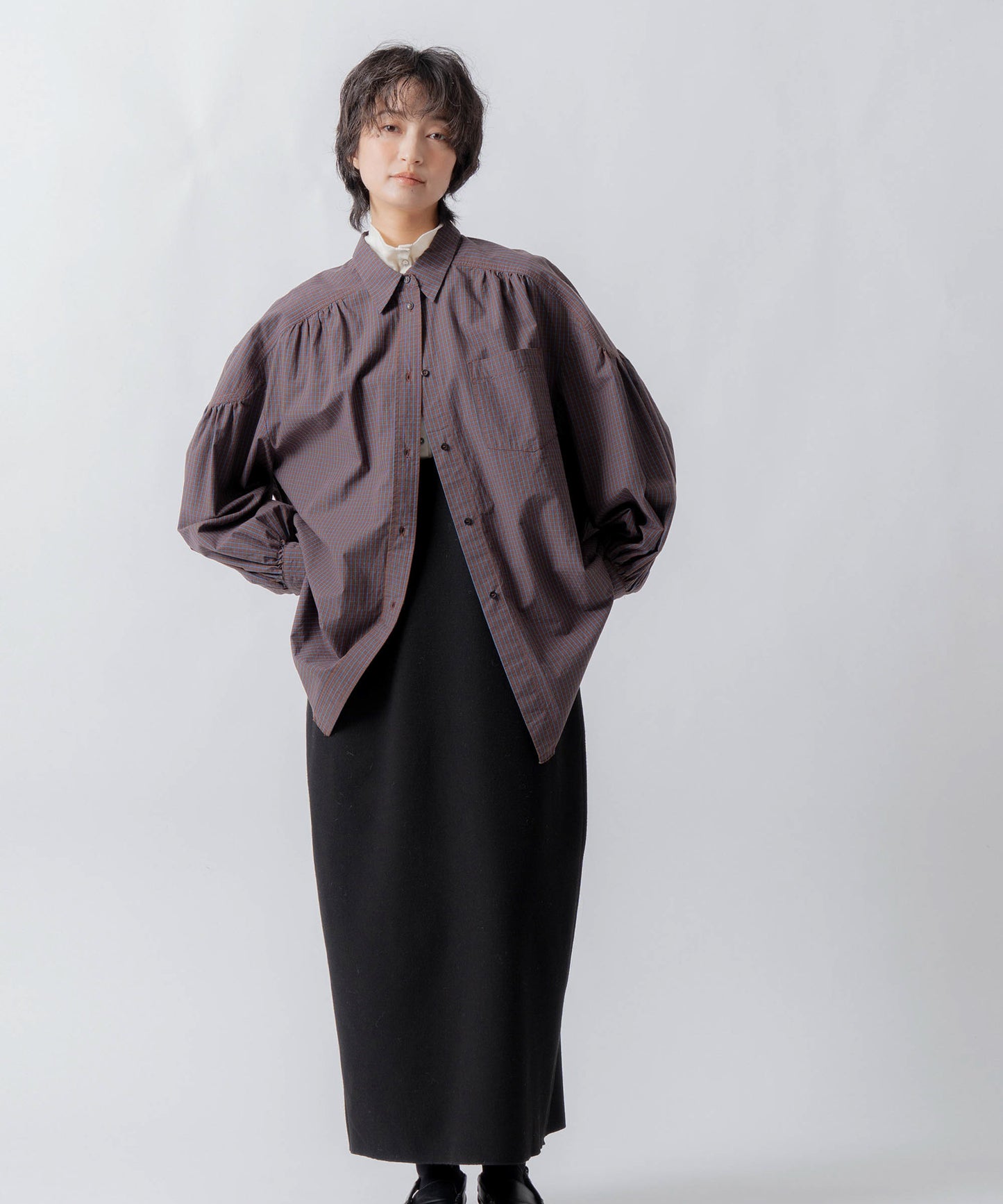 check pattern volume blouse / WHT26FBL4111
