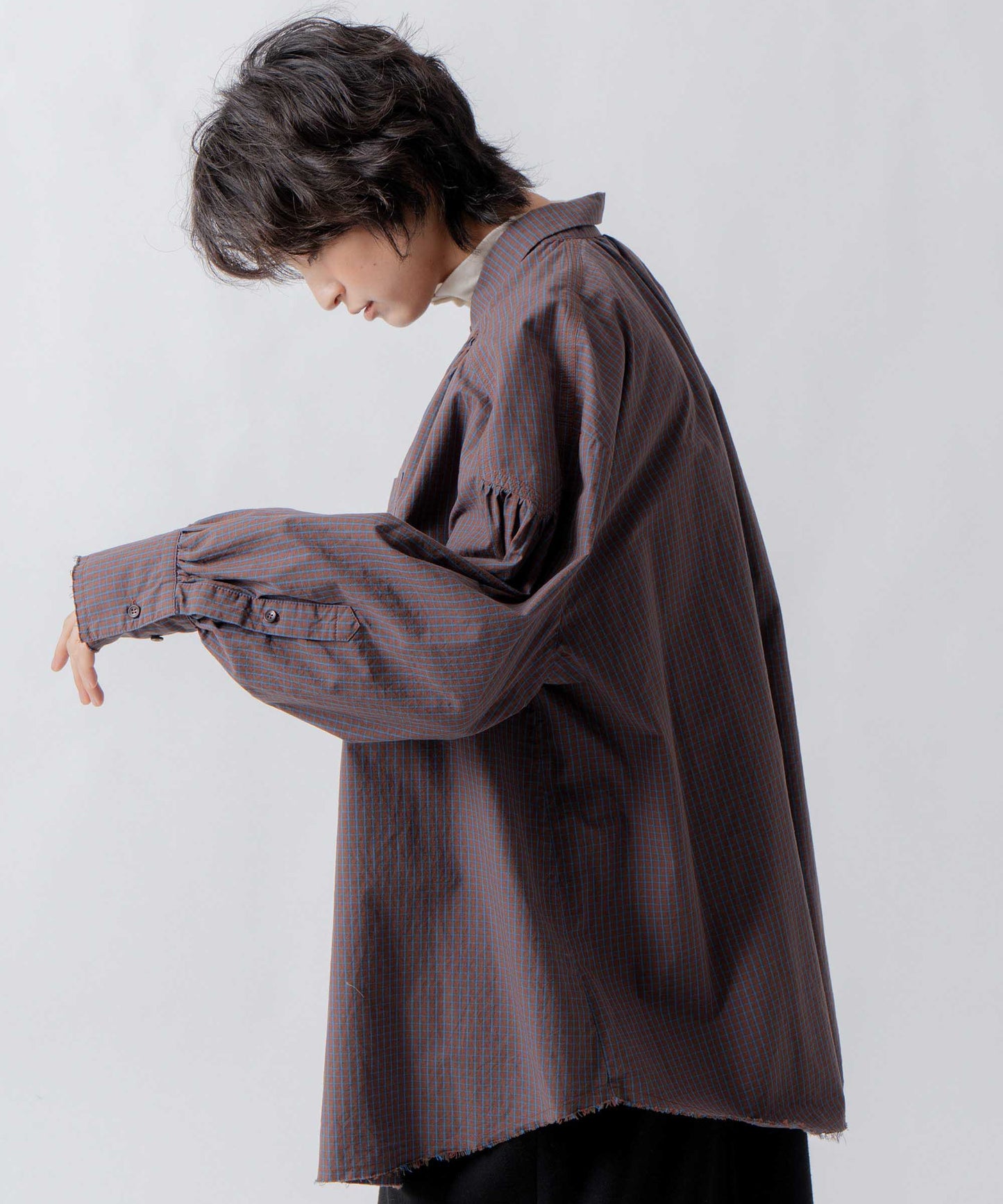 check pattern volume blouse / WHT26FBL4111