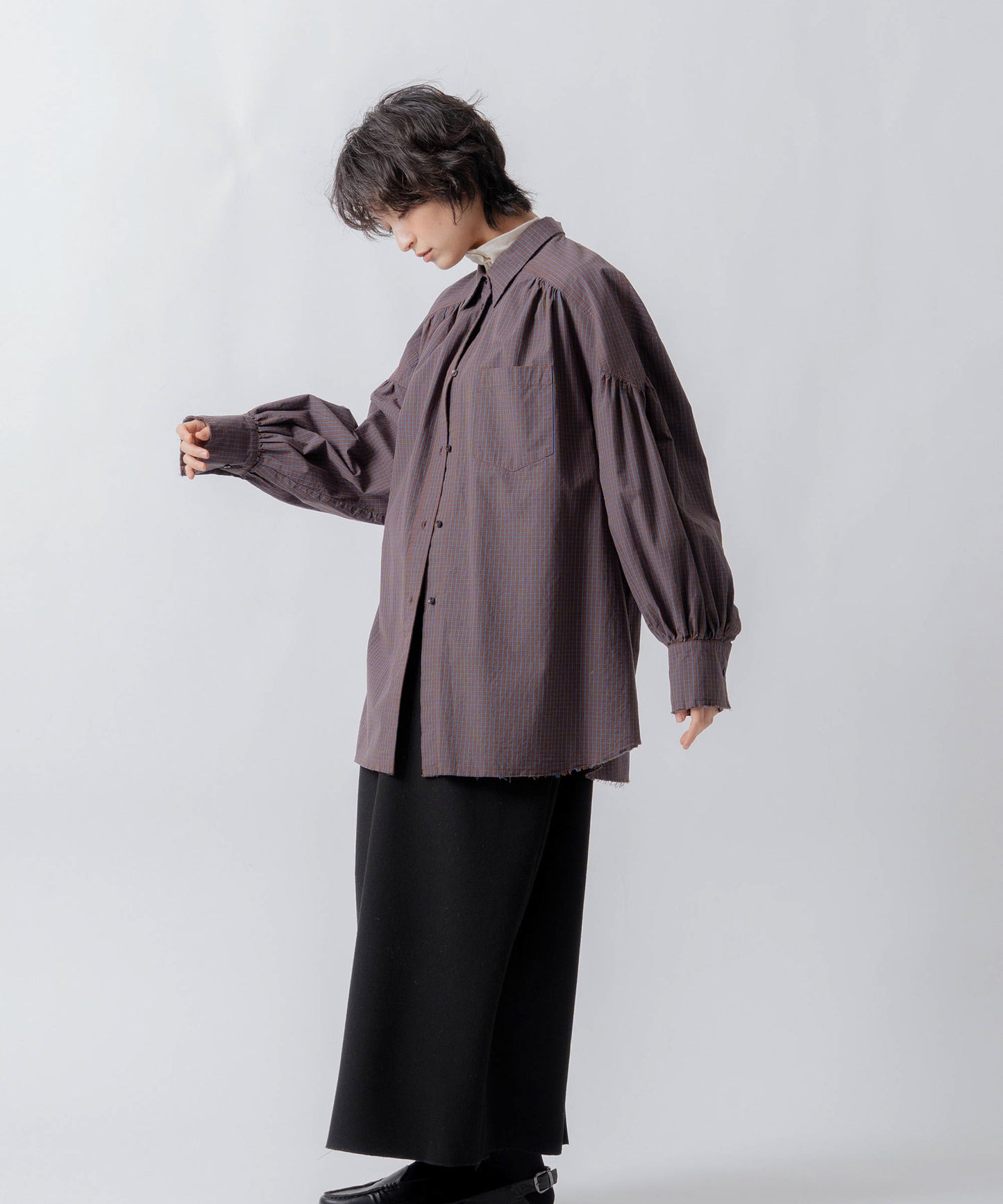 check pattern volume blouse / WHT26FBL4111