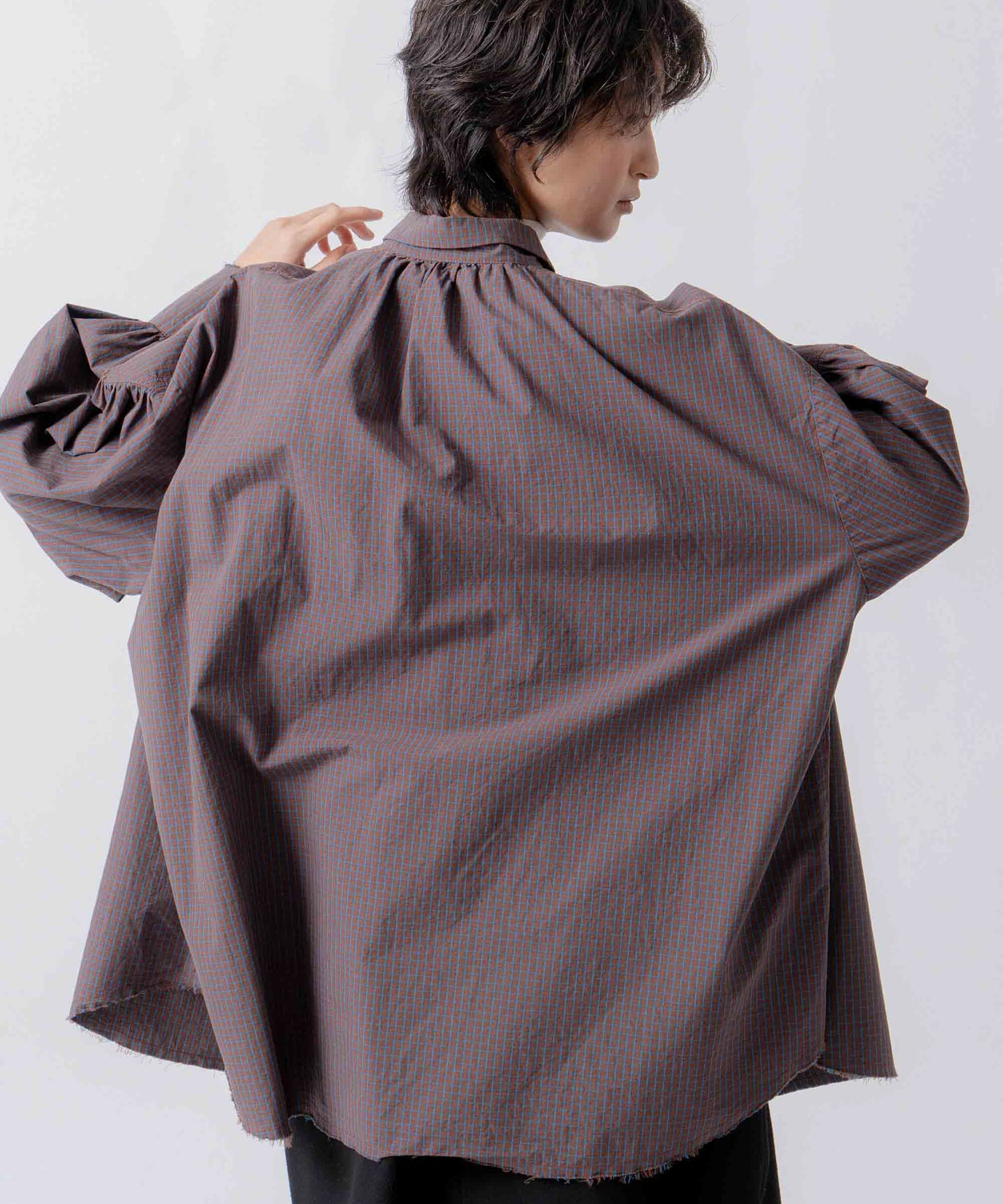 check pattern volume blouse / WHT26FBL4111