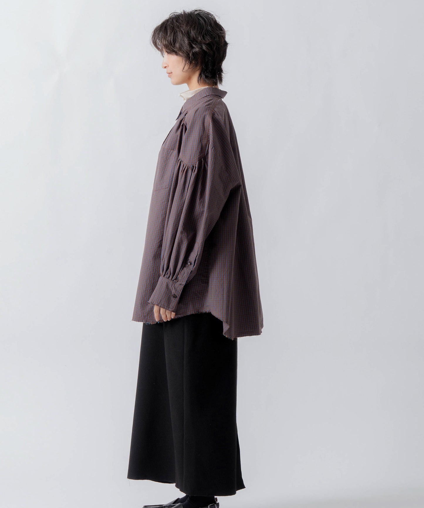 check pattern volume blouse / WHT26FBL4111