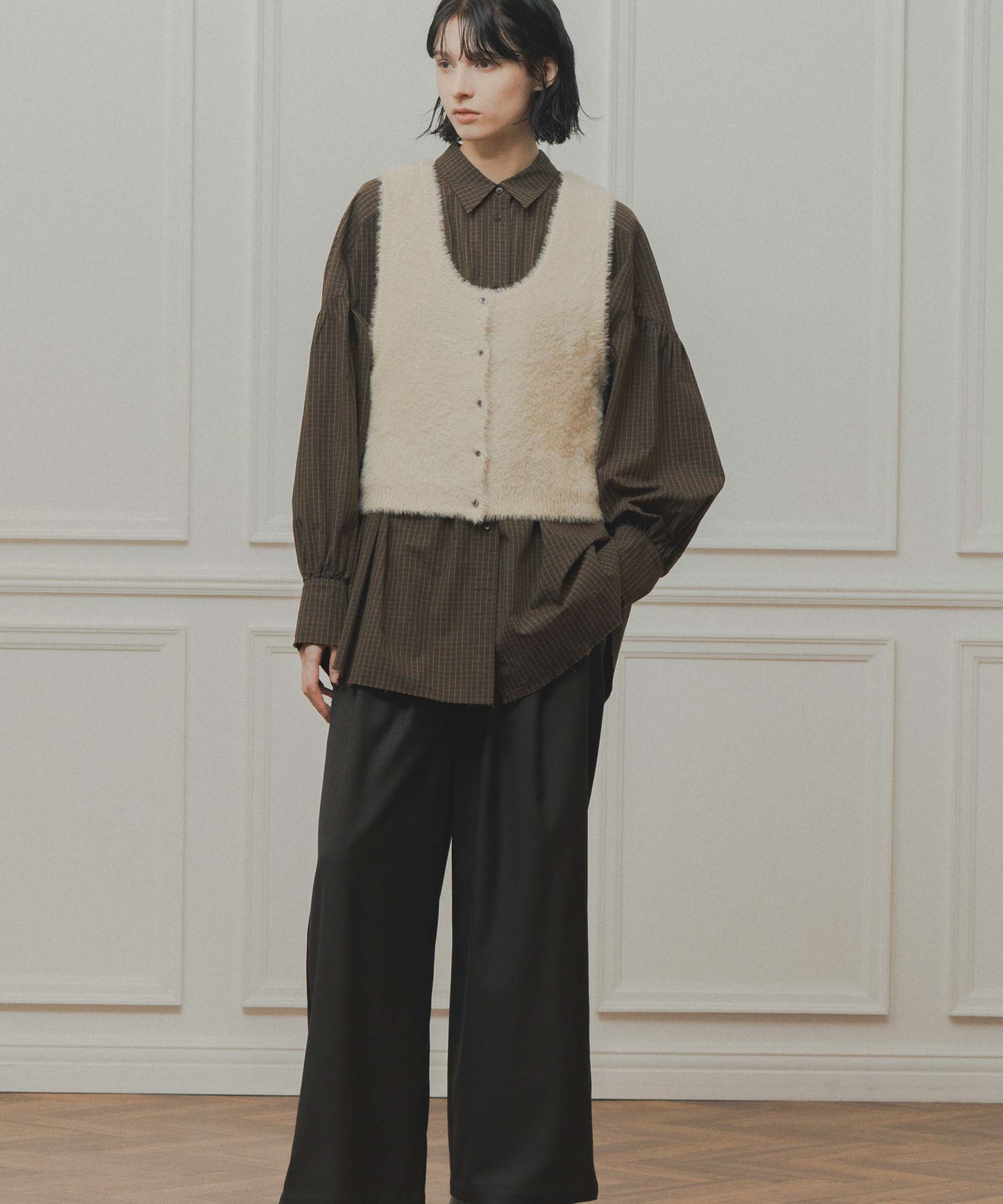 check pattern volume blouse / WHT26FBL4111