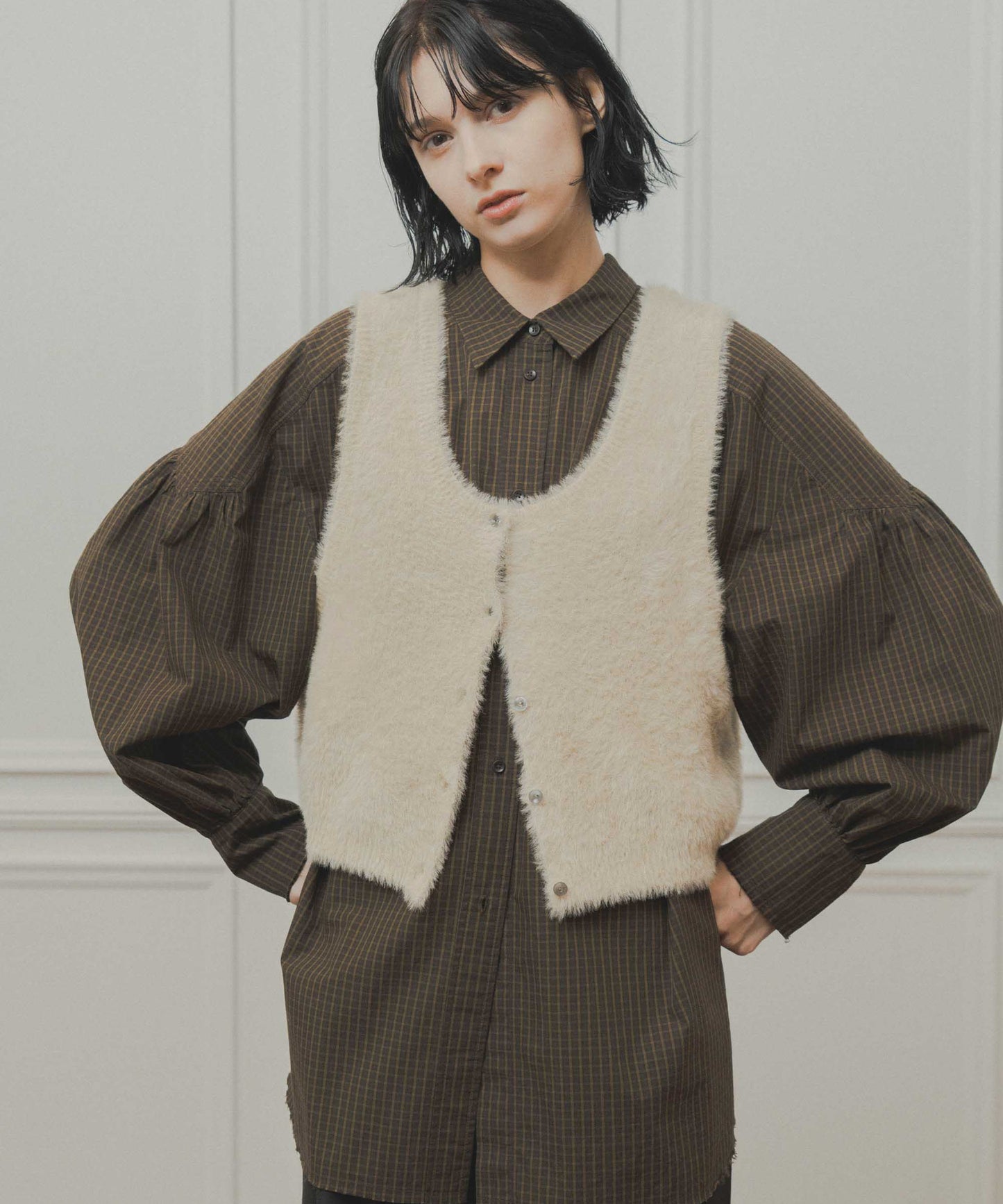 check pattern volume blouse / WHT26FBL4111