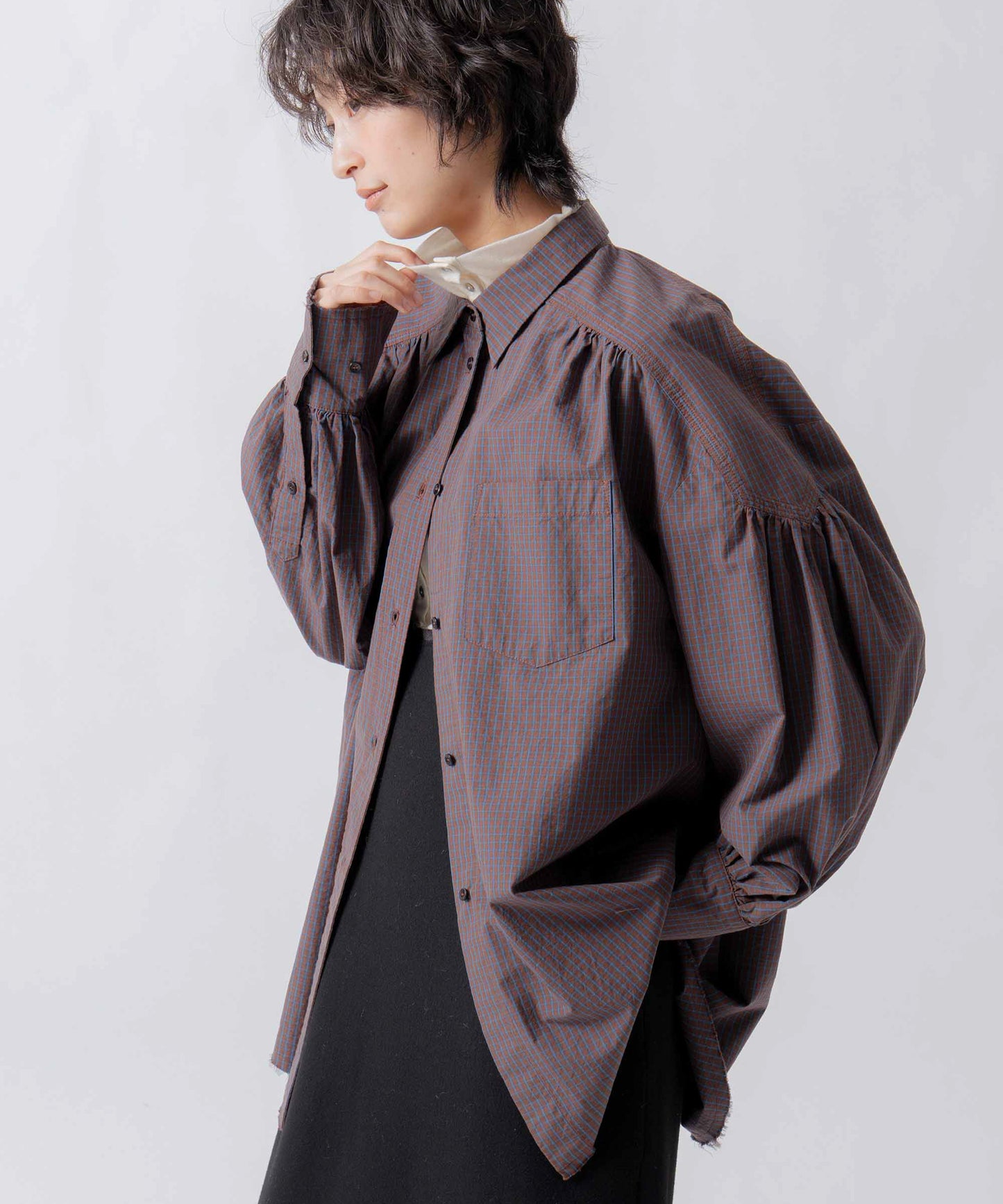 check pattern volume blouse / WHT26FBL4111