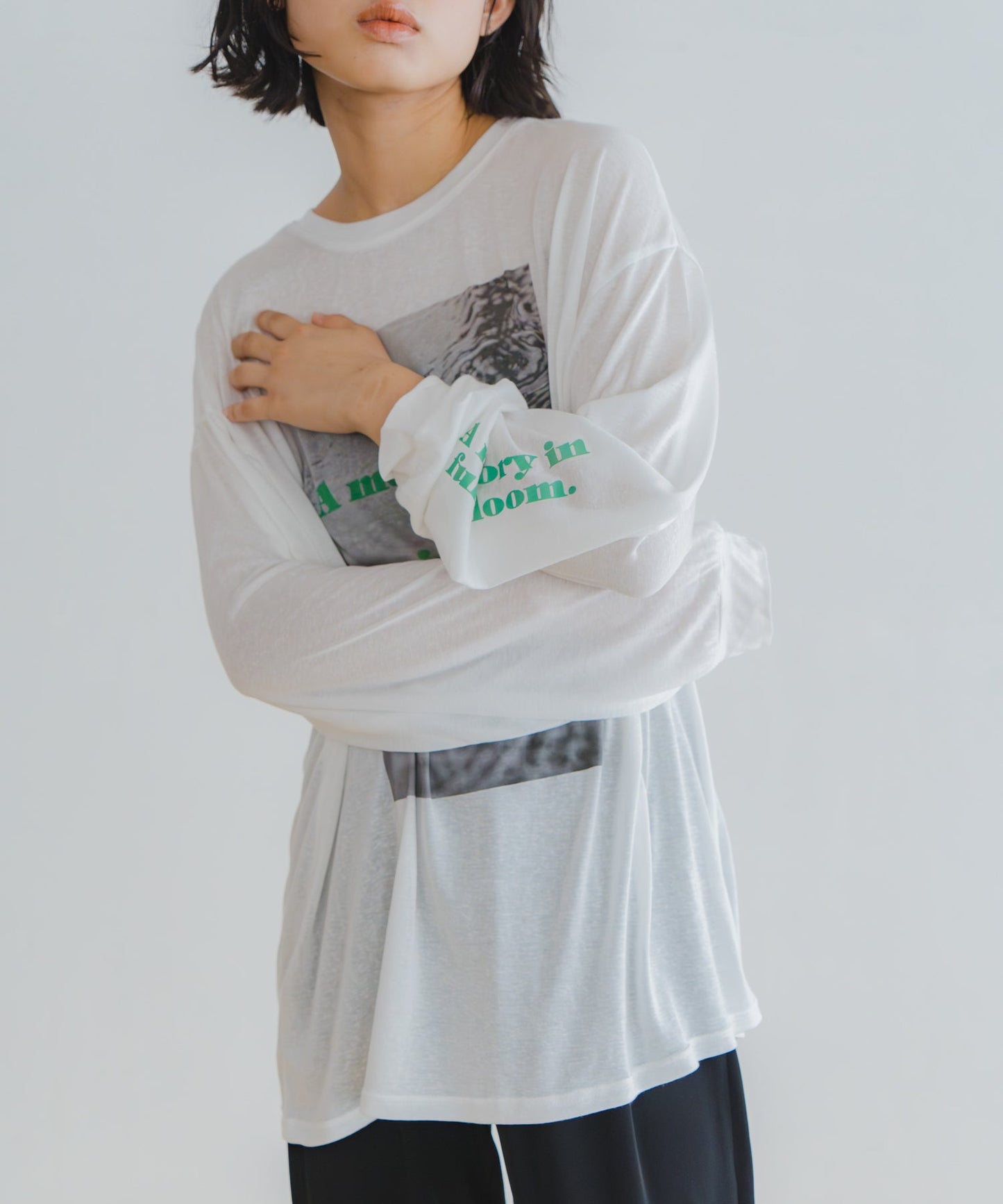 2way sheer print long tee / WHT26HCS4013
