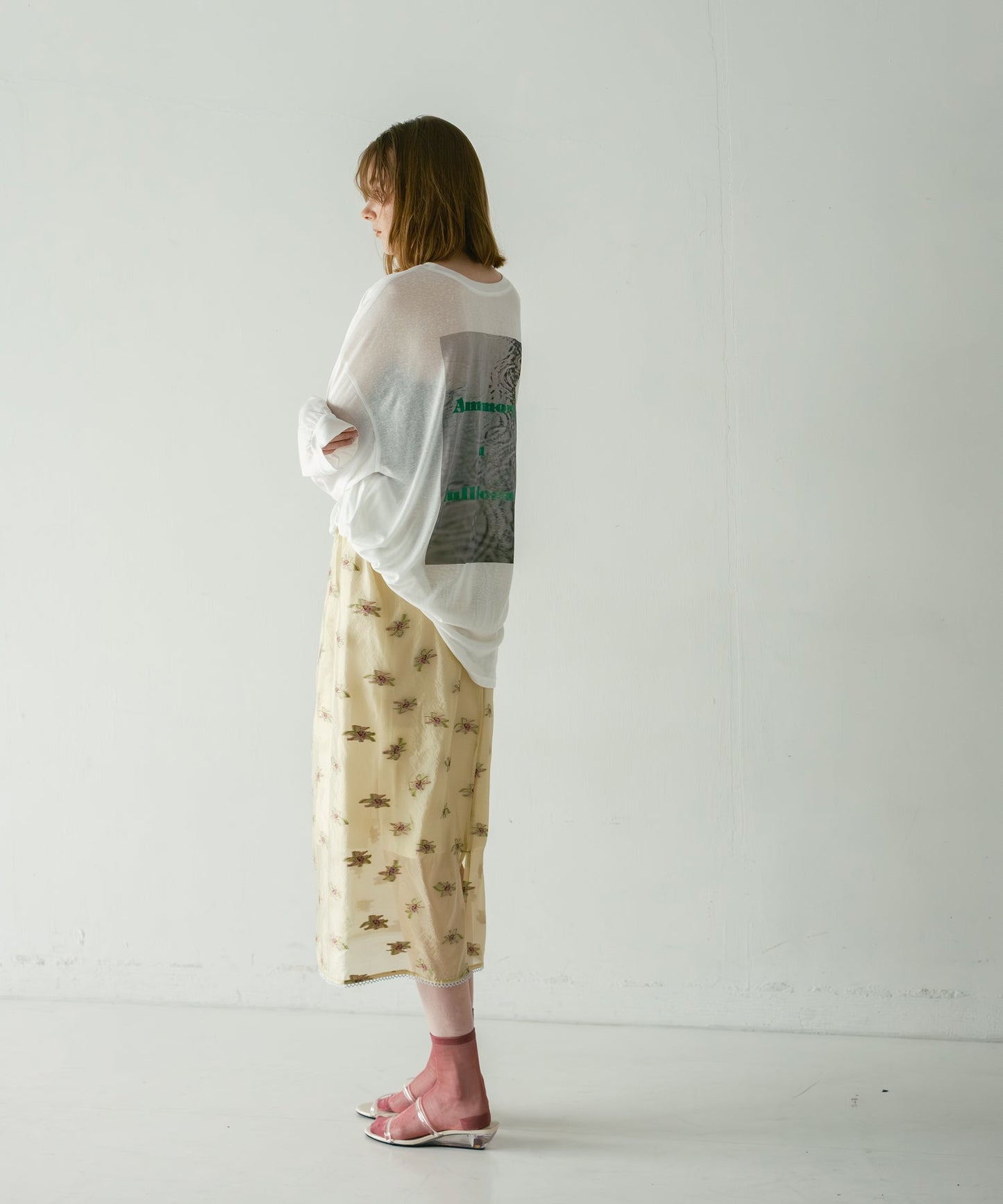 2way sheer print long tee / WHT26HCS4013