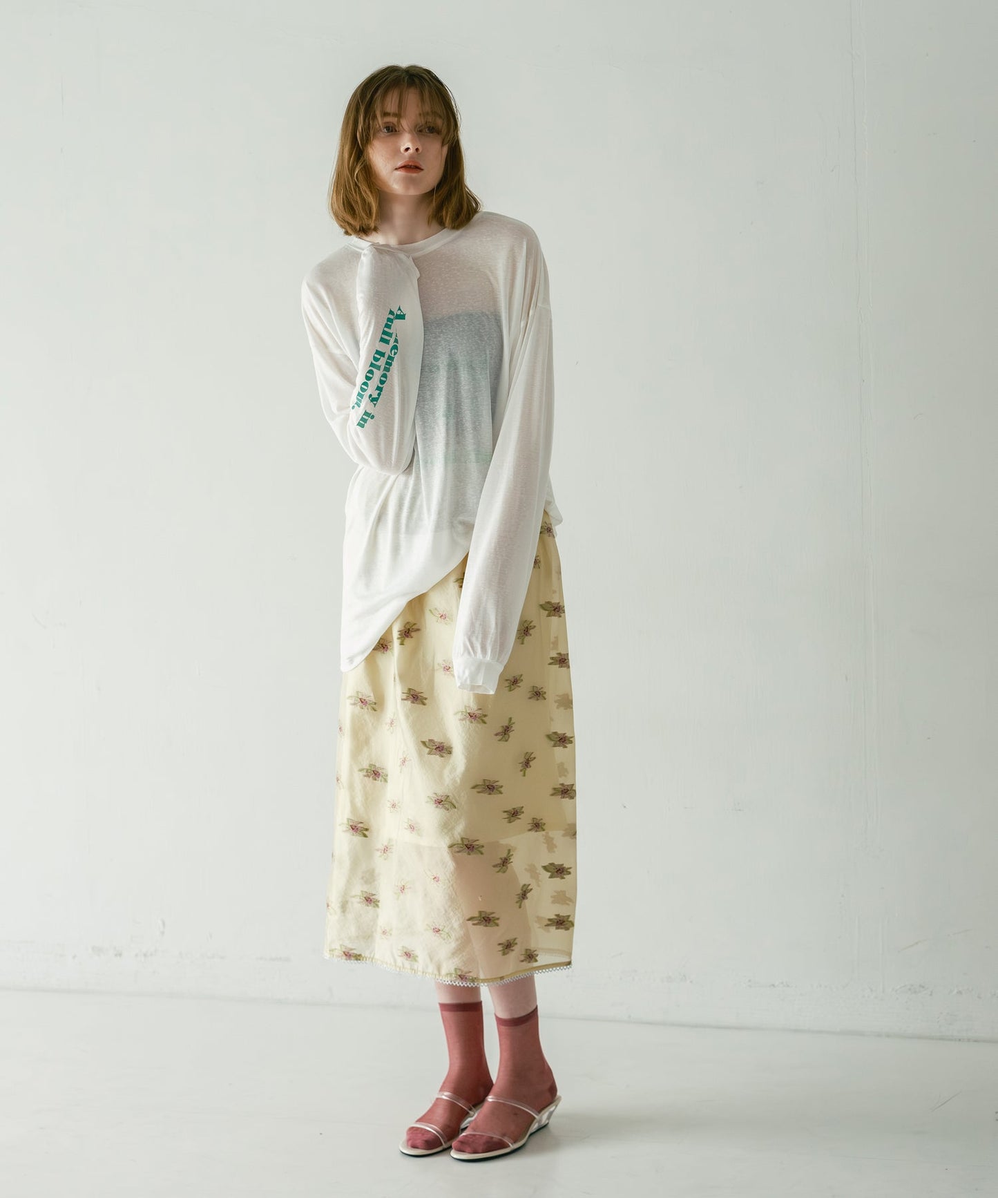 2way sheer print long tee / WHT26HCS4013